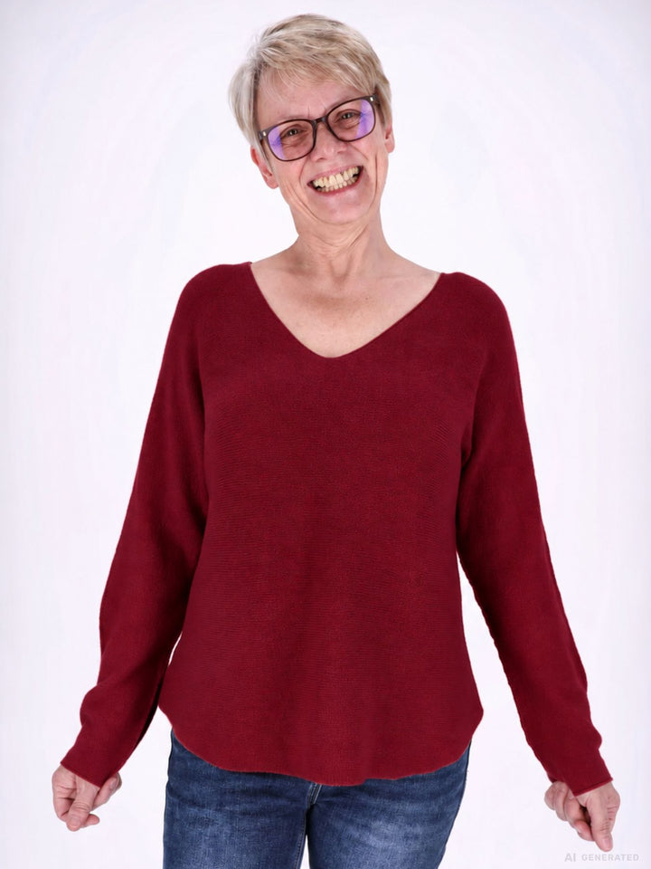 Weinroter Strickpullover Damen V-Ausschnitt mit abgerundetem Bund
