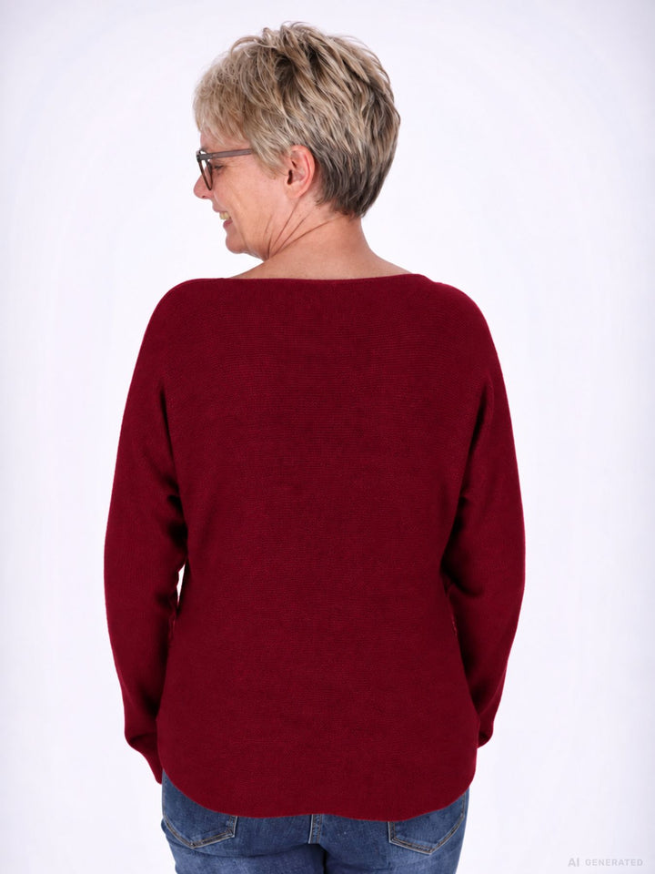 Weinroter Strickpullover Damen V-Ausschnitt mit abgerundetem Bund