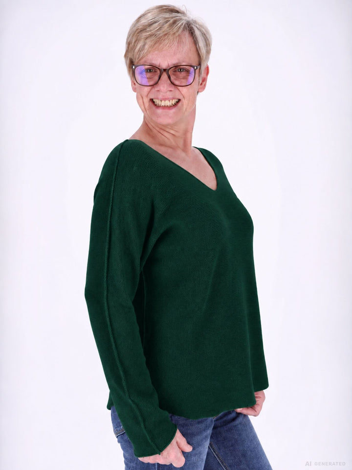 Dunkelgrüner Strickpullover Damen V-Ausschnitt mit abgerundetem Bund