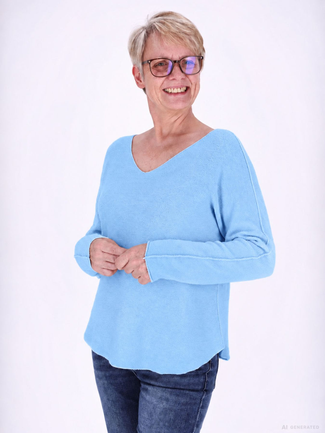 Himmelblauer Strickpullover Damen V-Ausschnitt mit abgerundetem Bund