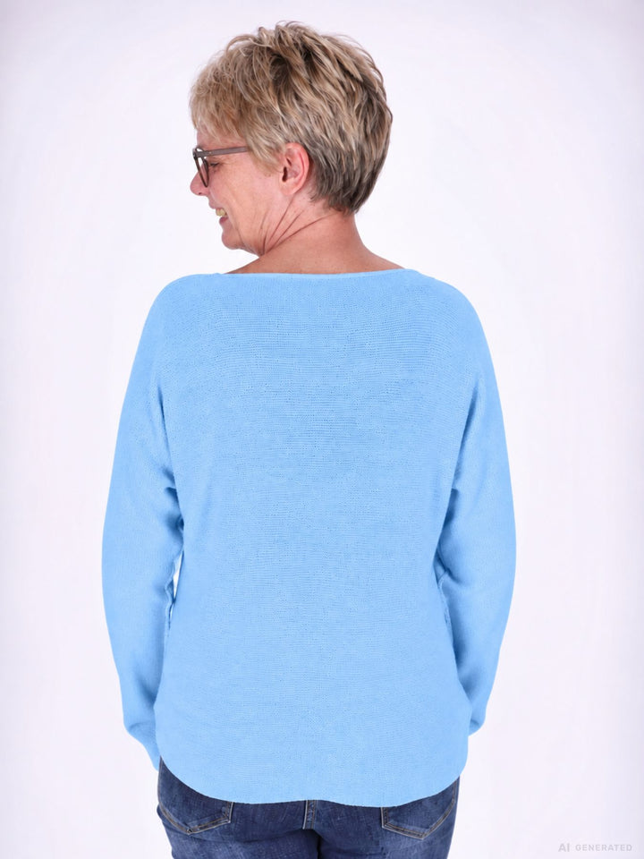 Himmelblauer Strickpullover Damen V-Ausschnitt mit abgerundetem Bund