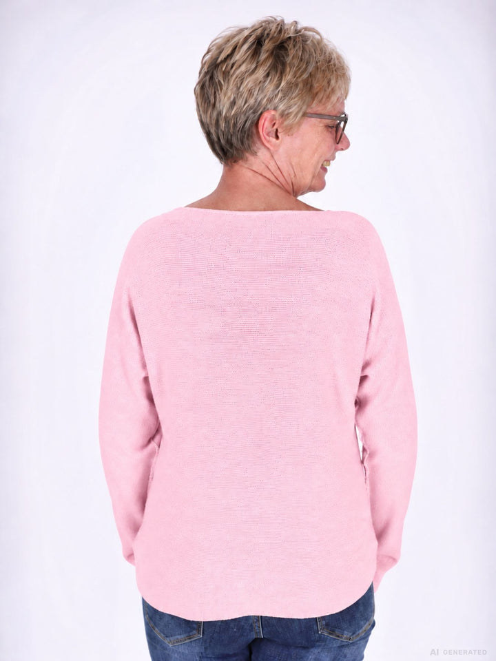 Rosé Strickpullover Damen V-Ausschnitt mit abgerundetem Bund