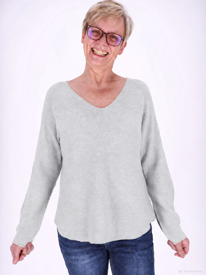 Hellgrauer Strickpullover Damen V-Ausschnitt mit abgerundetem Bund