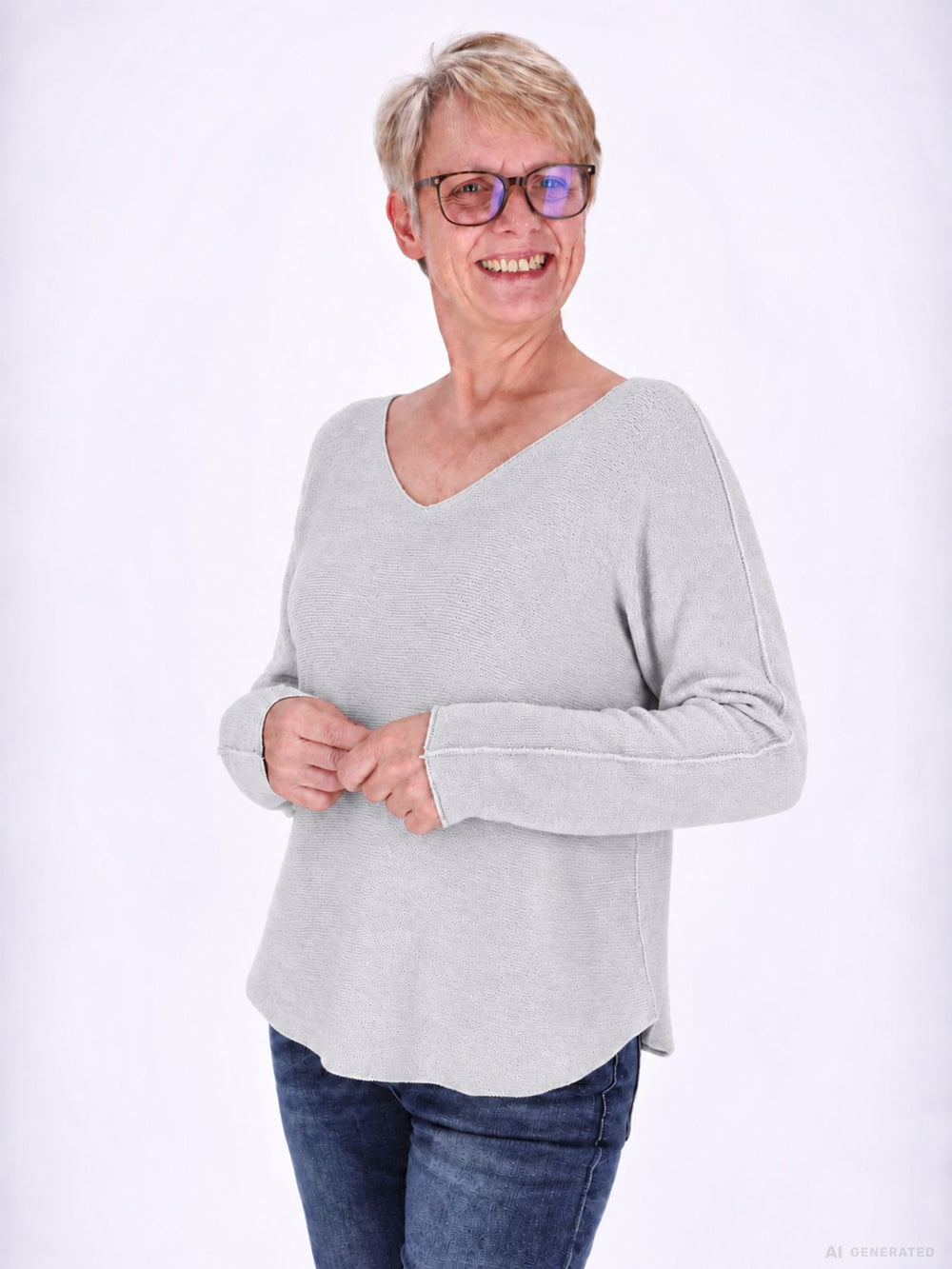 Hellgrauer Strickpullover Damen V-Ausschnitt mit abgerundetem Bund