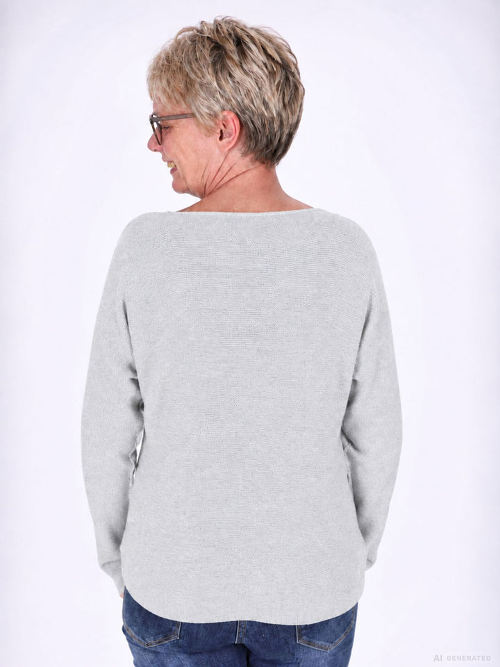 Hellgrauer Strickpullover Damen V-Ausschnitt mit abgerundetem Bund