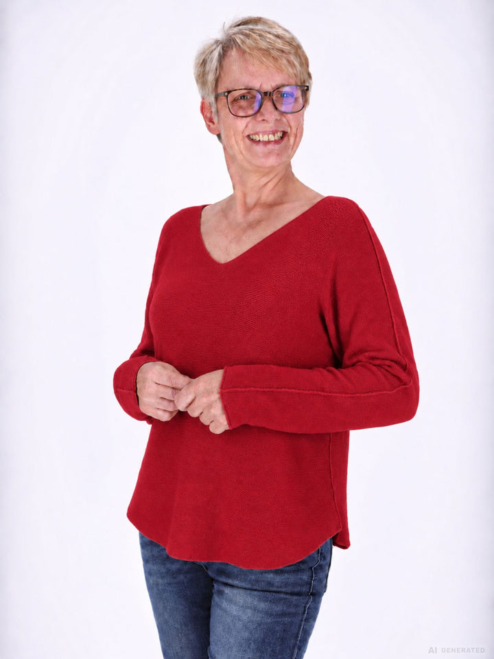 Roter Strickpullover Damen V-Ausschnitt mit abgerundetem Bund