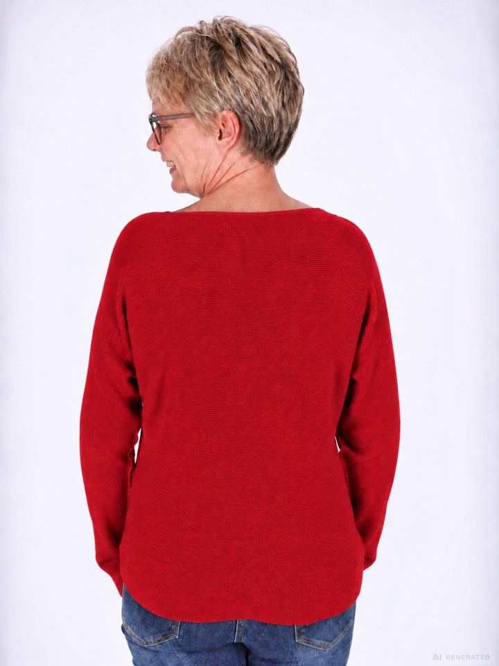 Roter Strickpullover Damen V-Ausschnitt mit abgerundetem Bund