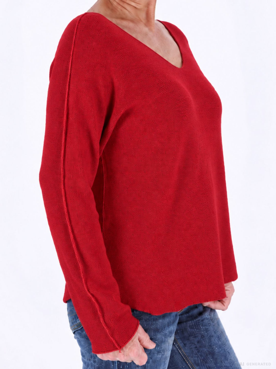 Roter Strickpullover Damen V-Ausschnitt mit abgerundetem Bund