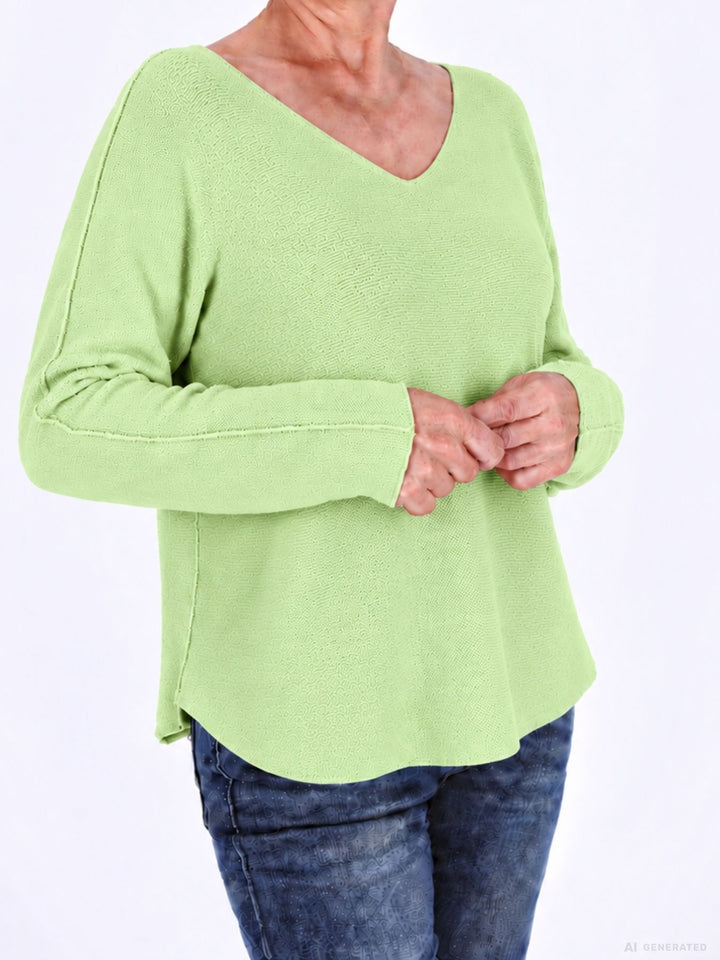 Hellgrüner Strickpullover Damen V-Ausschnitt mit abgerundetem Bund
