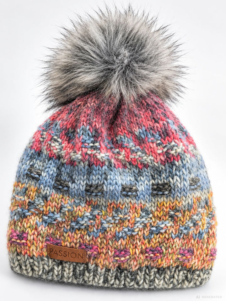 Damen Strickmütze Multicolor mit flauschigem Bommel