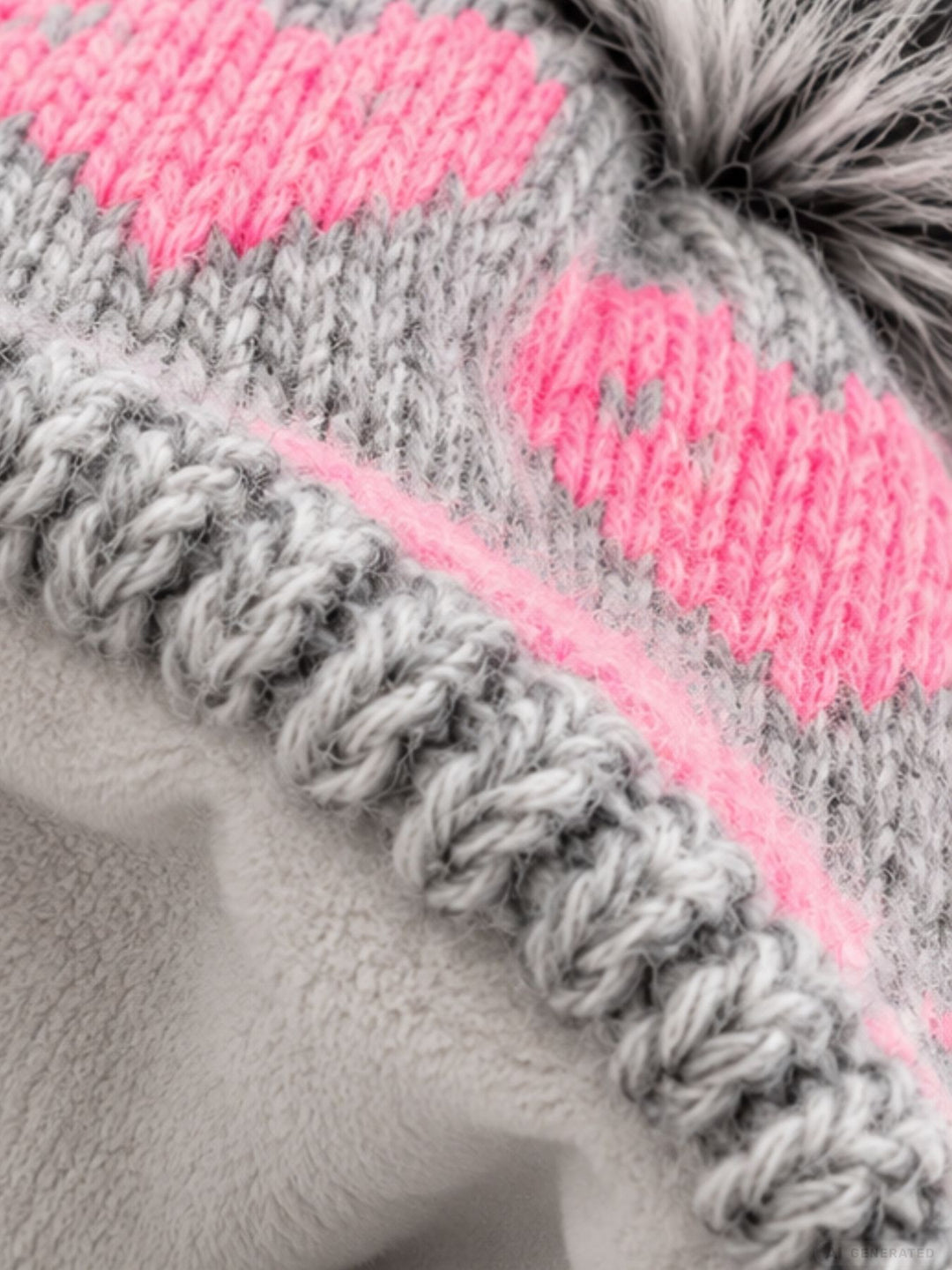 Damen Strickmütze mit Herzen, Kunstfell-Bommel & Fleece-Futter – Grau/Pink