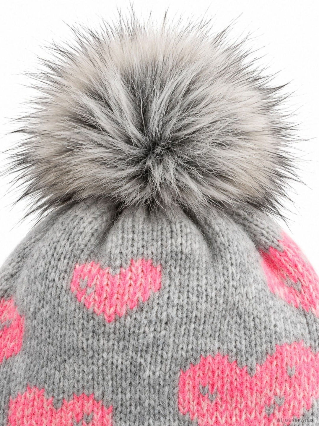 Damen Strickmütze mit Herzen, Kunstfell-Bommel & Fleece-Futter – Grau/Pink