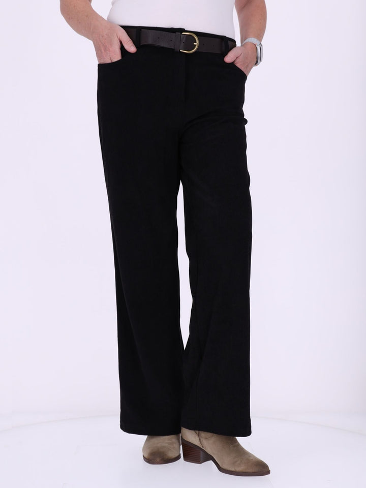 Damen Breitcordhose mit weitem Bein & Gürtel – Schwarz