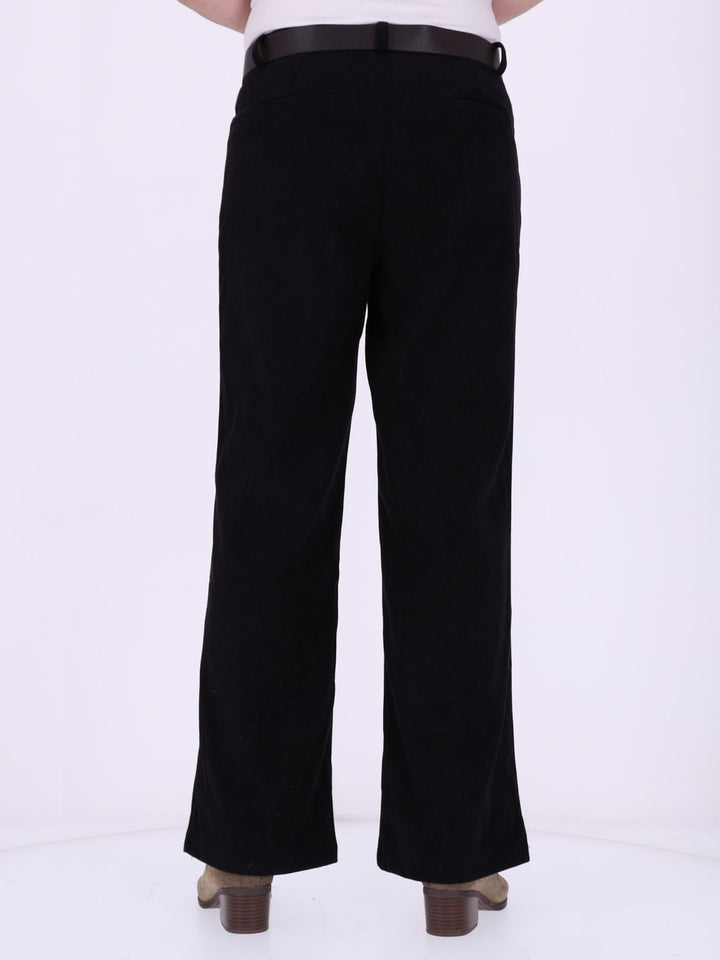 Damen Breitcordhose mit weitem Bein & Gürtel – Schwarz
