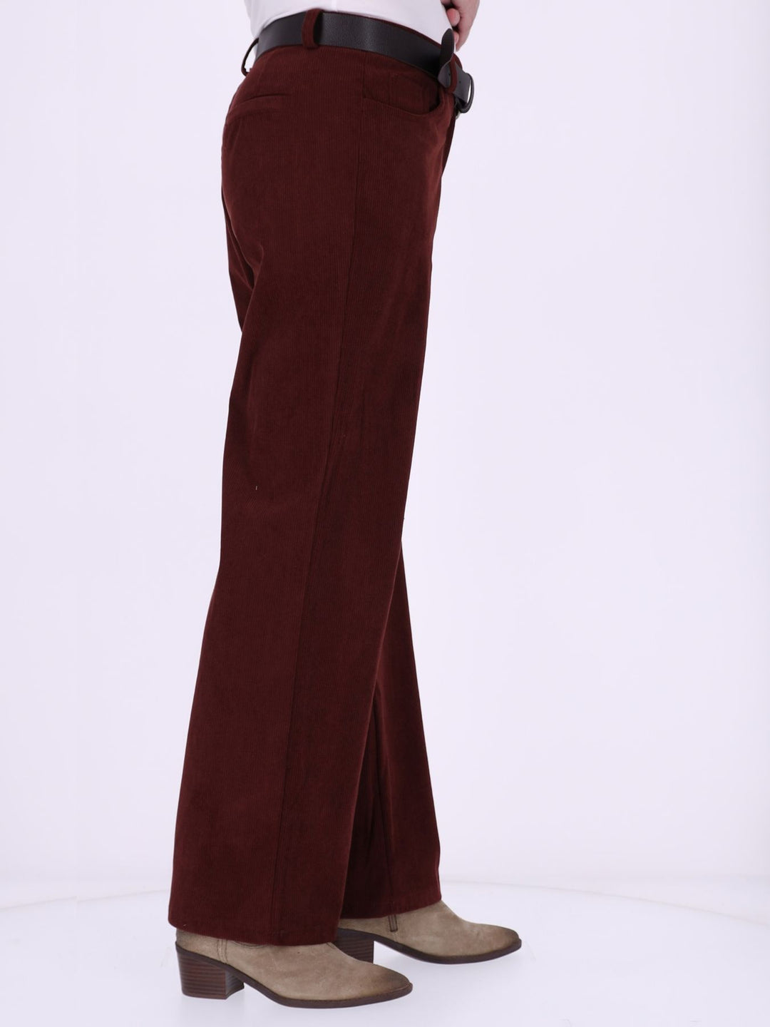 Damen Breitcordhose Wide Leg mit Gürtel – Bordeaux