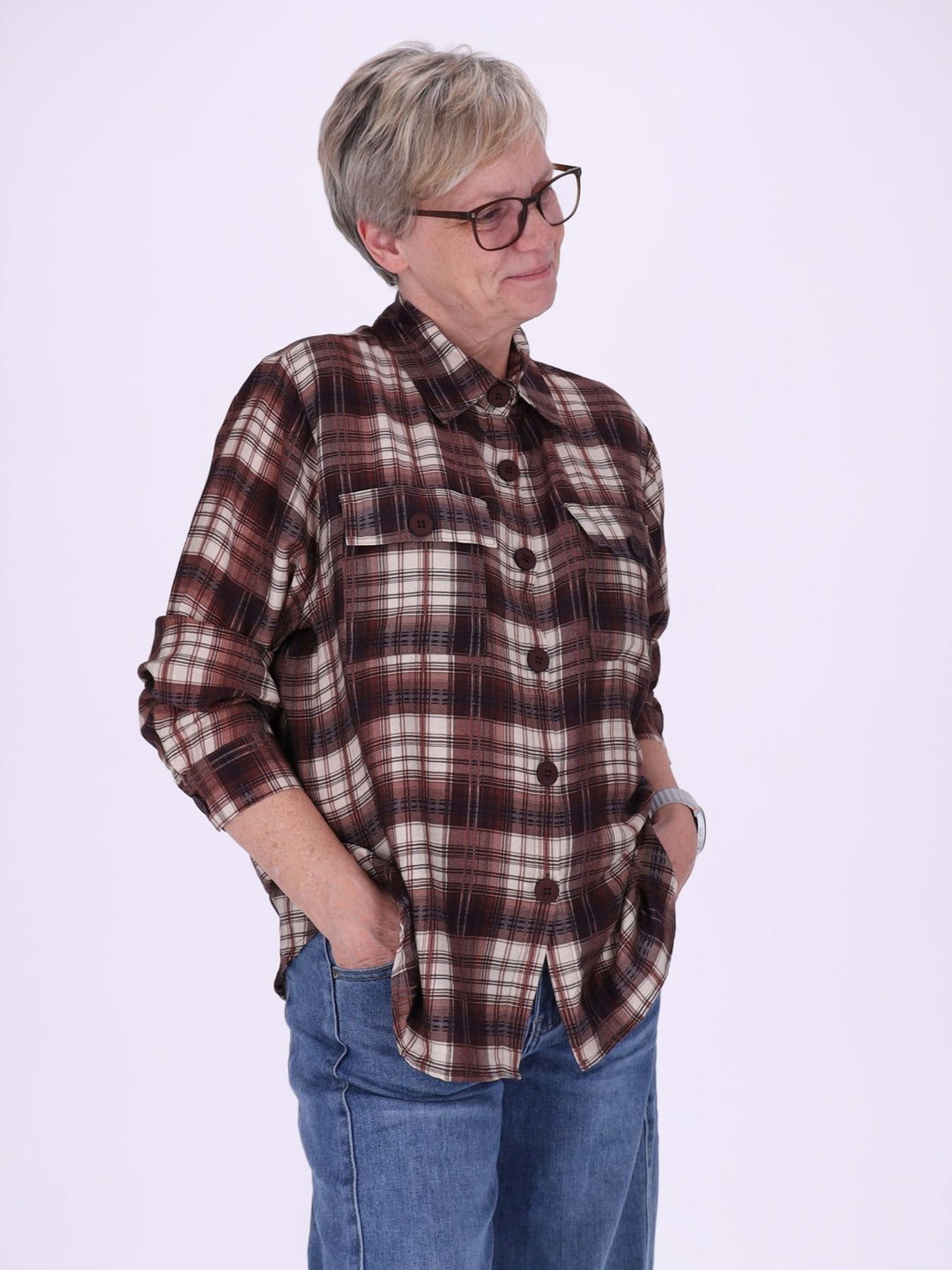 Bluse Damen Karo geknöpfte Brusttaschen