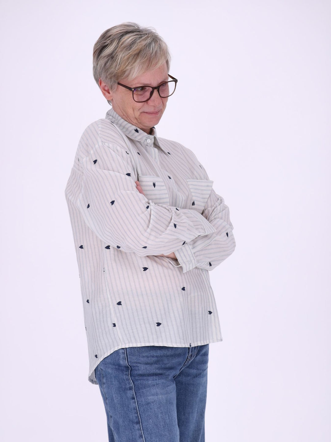 Bluse Damen Streifen Herzchen Stickerei Brusttaschen