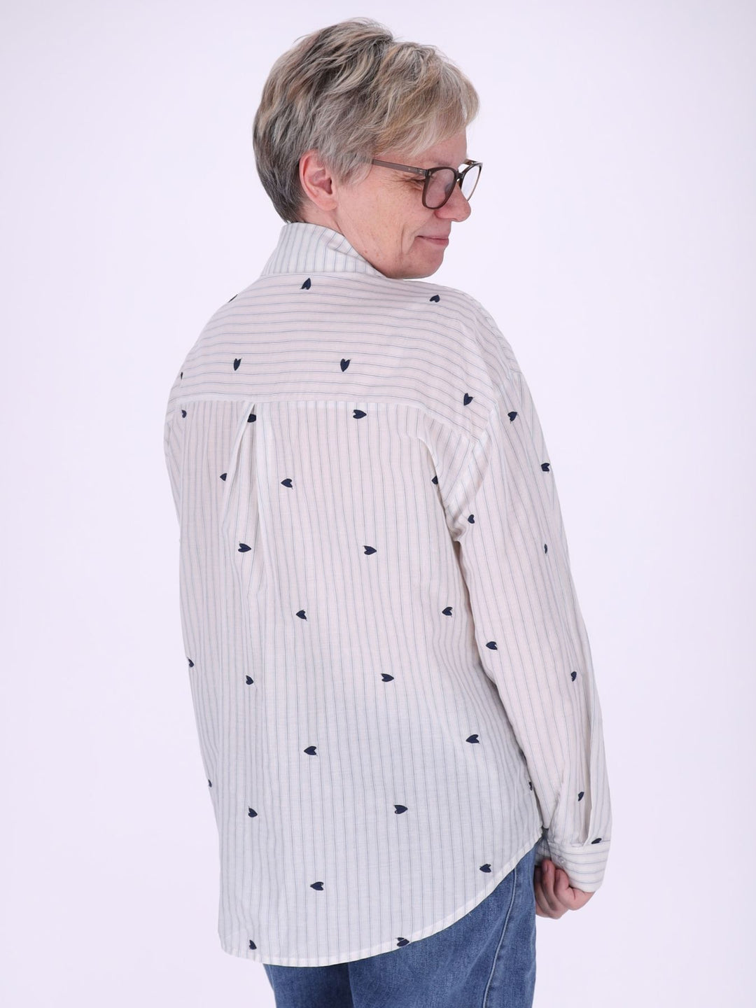 Bluse Damen Streifen Herzchen Stickerei Brusttaschen
