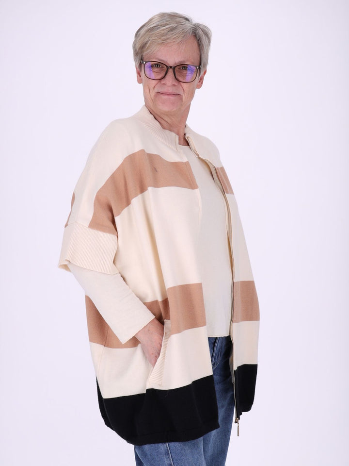 Gestreifte Strickjacke Damen mit Reißverschluss – Kurzarm in Creme, Beige & Schwarz