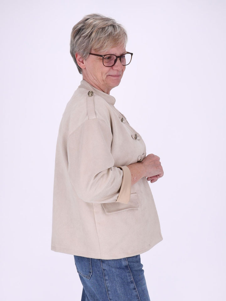 Beige Military Jacke Damen in Veloursoptik – offen & detailreich
