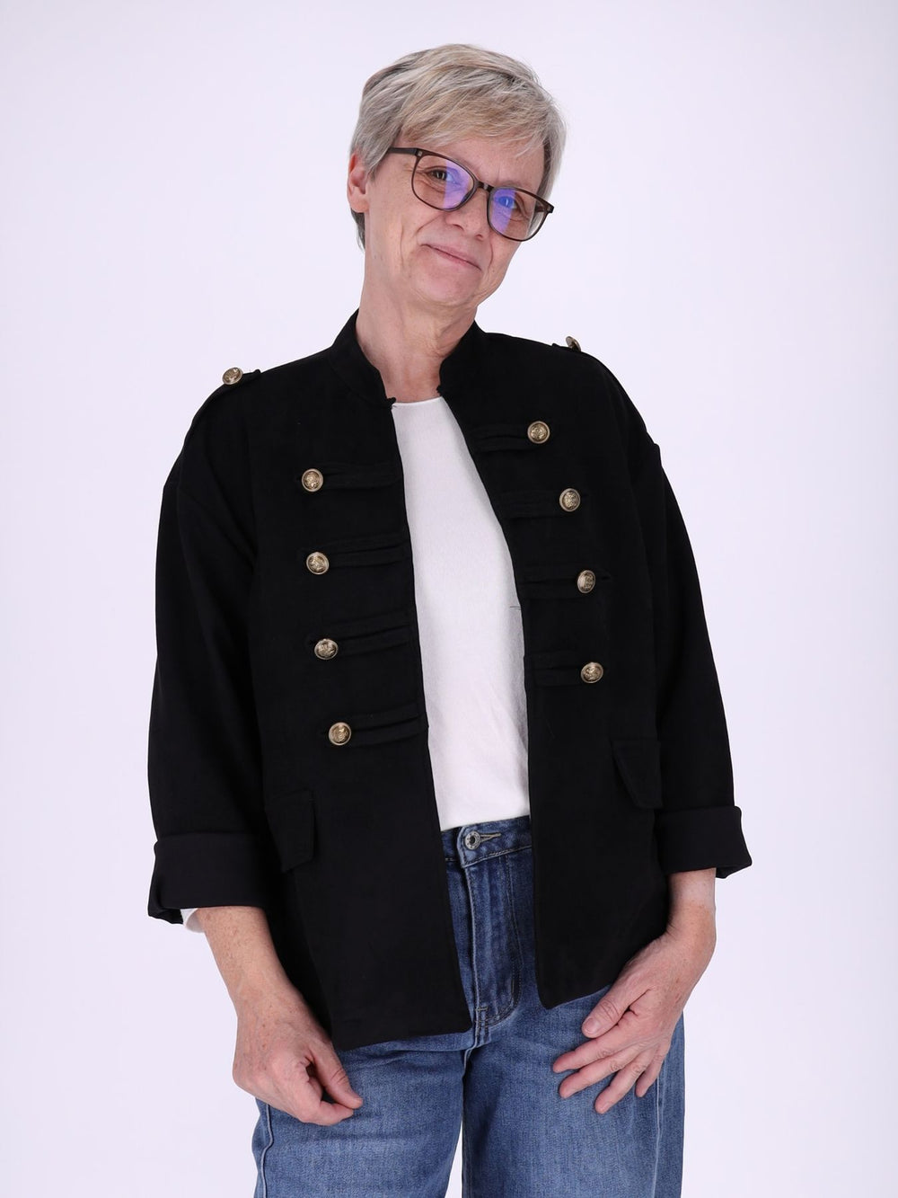 Schwarze Military Jacke Damen in Veloursoptik – offen & detailreich