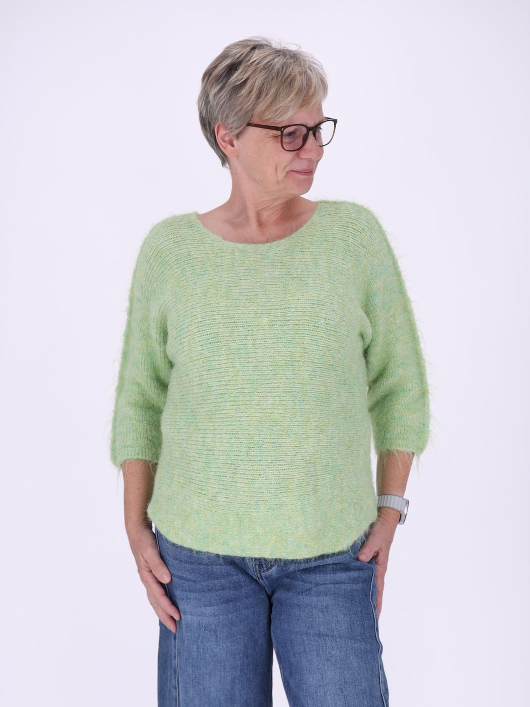 Kuscheliger Strickpullover Damen mit 3/4-Arm – Hellgrün