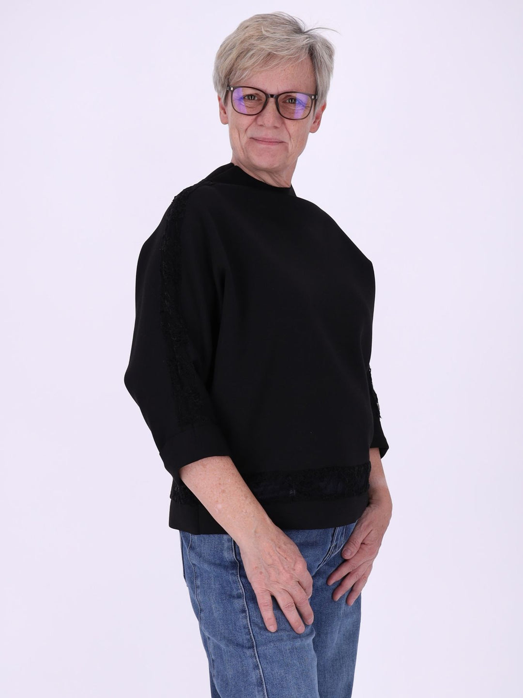Sweatshirt Damen Spitze an Bund und Ärmel