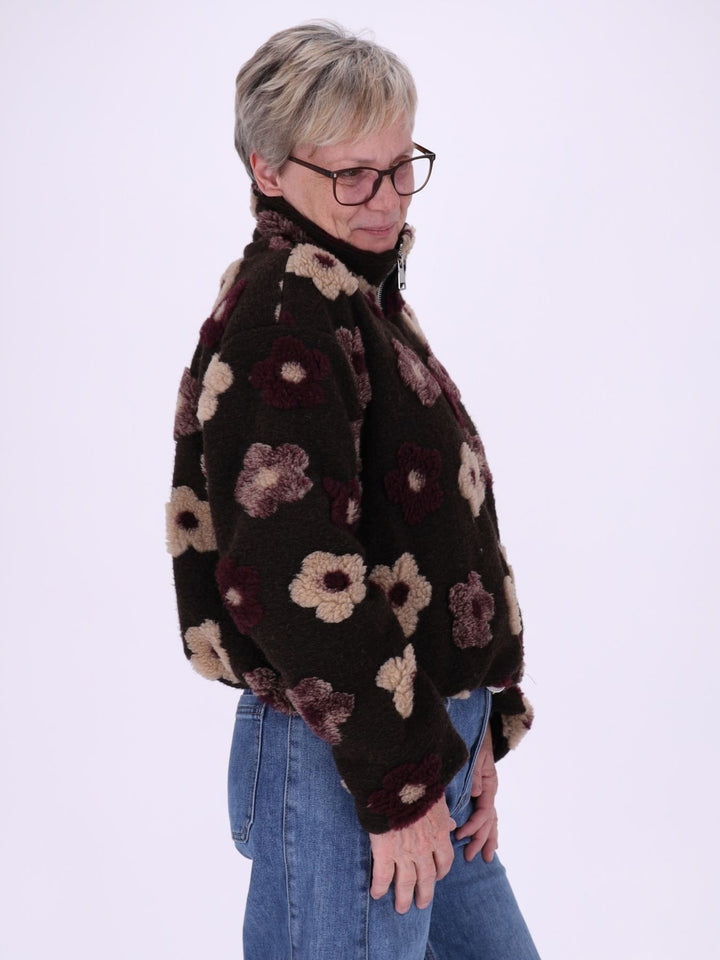 Damen Teddy-Fleecejacke kurz mit Blütenmuster – kuschelig, modern & floral
