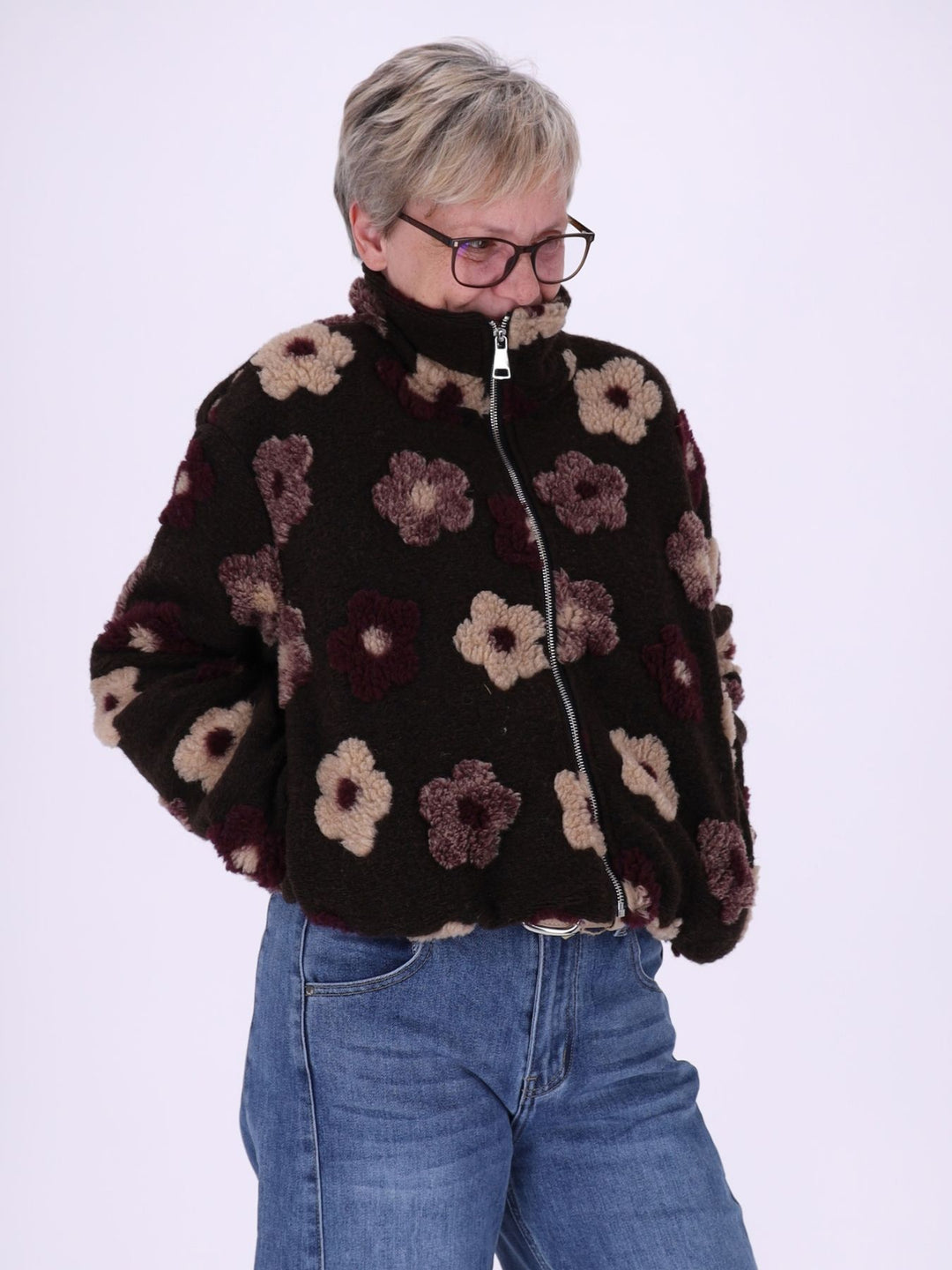 Damen Teddy-Fleecejacke kurz mit Blütenmuster – kuschelig, modern & floral