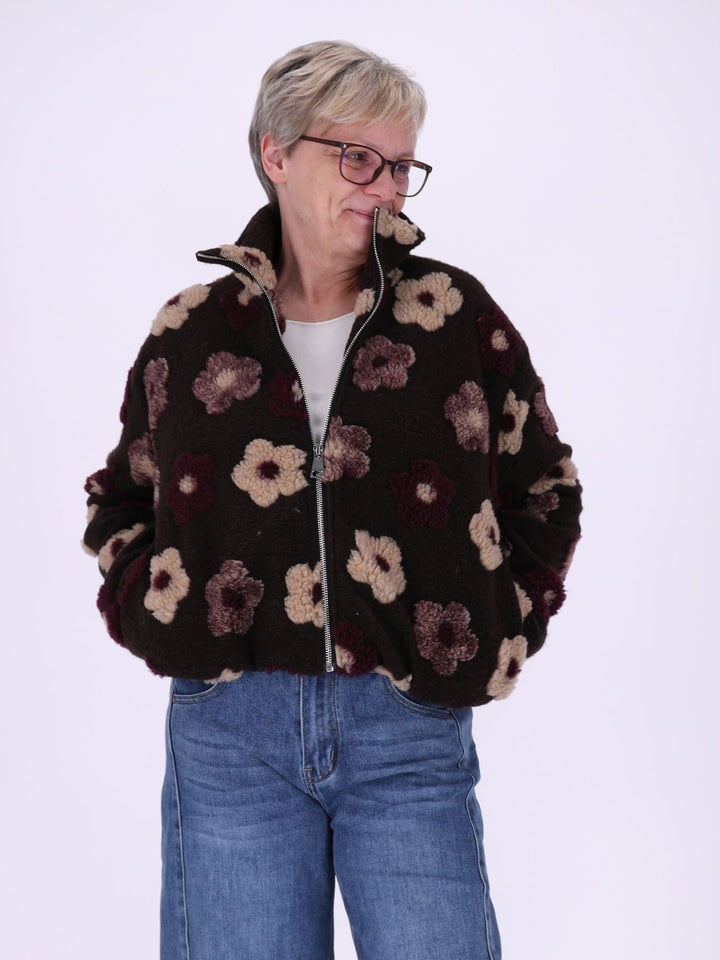Damen Teddy-Fleecejacke kurz mit Blütenmuster – kuschelig, modern & floral