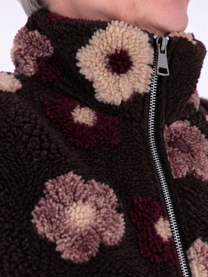 Damen Teddy-Fleecejacke kurz mit Blütenmuster – kuschelig, modern & floral