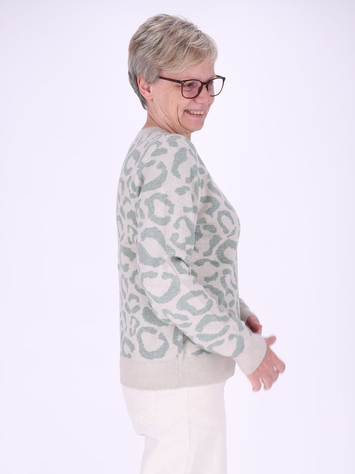 Damen Strickpullover mit Leo-Muster – Creme-Mint, weich & modern