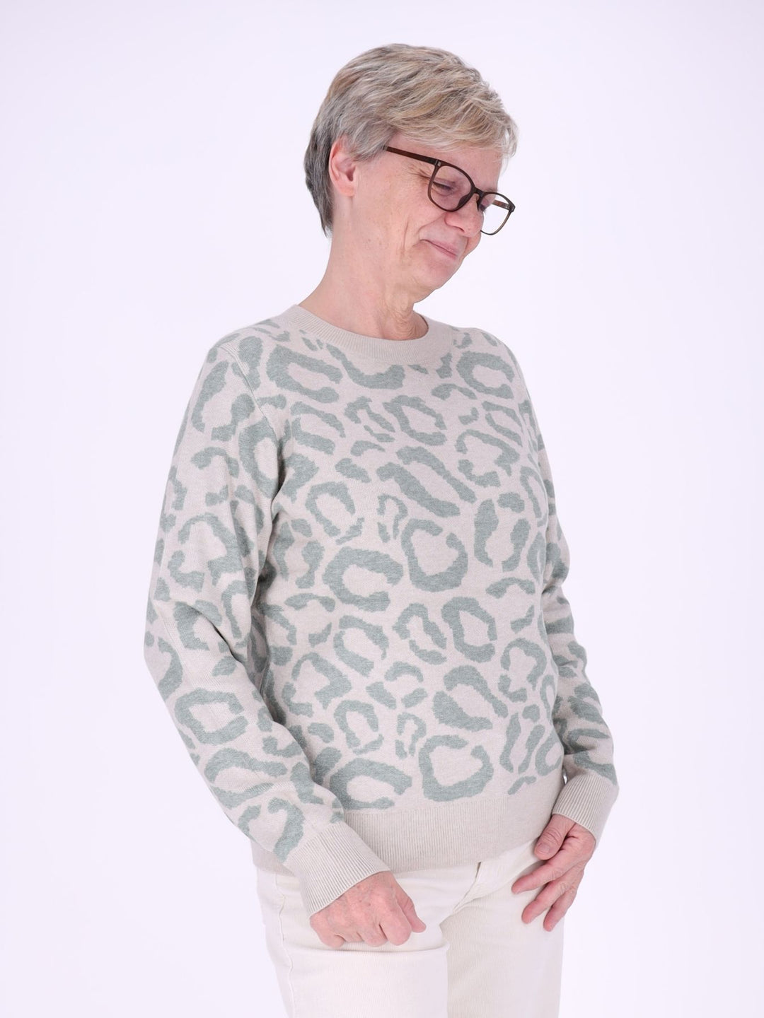 Damen Strickpullover mit Leo-Muster – Creme-Mint, weich & modern