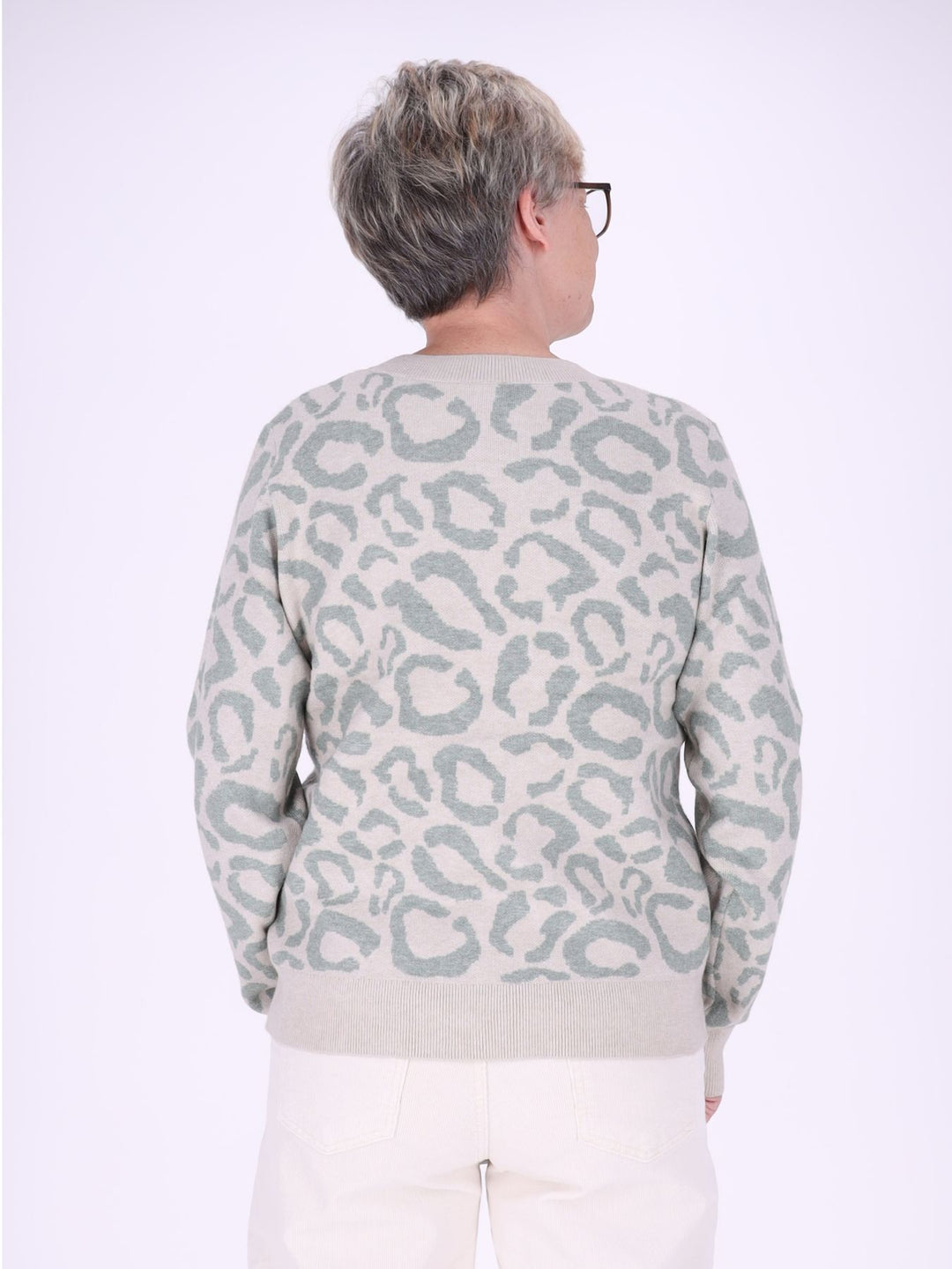 Damen Strickpullover mit Leo-Muster – Creme-Mint, weich & modern