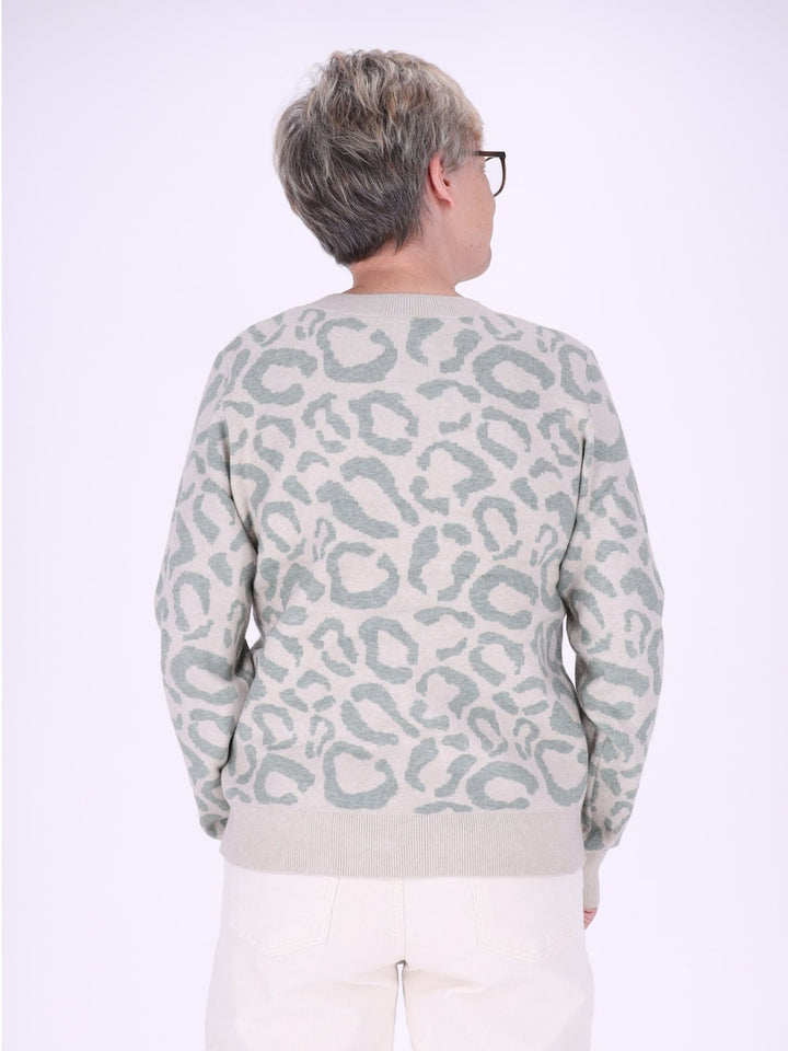 Damen Strickpullover mit Leo-Muster – Creme-Mint, weich & modern