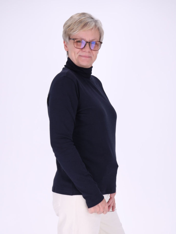 Rollkragenpullover Damen Langarm aus 100 % Baumwolle – Dunkelblau