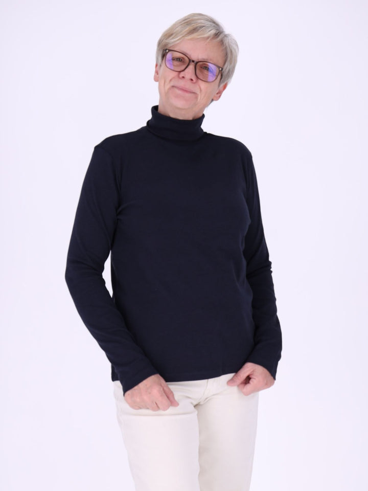 Rollkragenpullover Damen Langarm aus 100 % Baumwolle – Dunkelblau