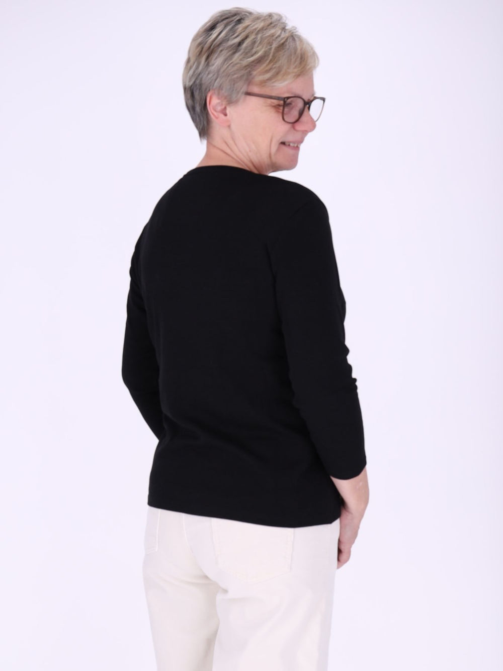 V-Ausschnitt Shirt Damen mit 3/4-Arm aus 100 % Baumwolle – Schwarz