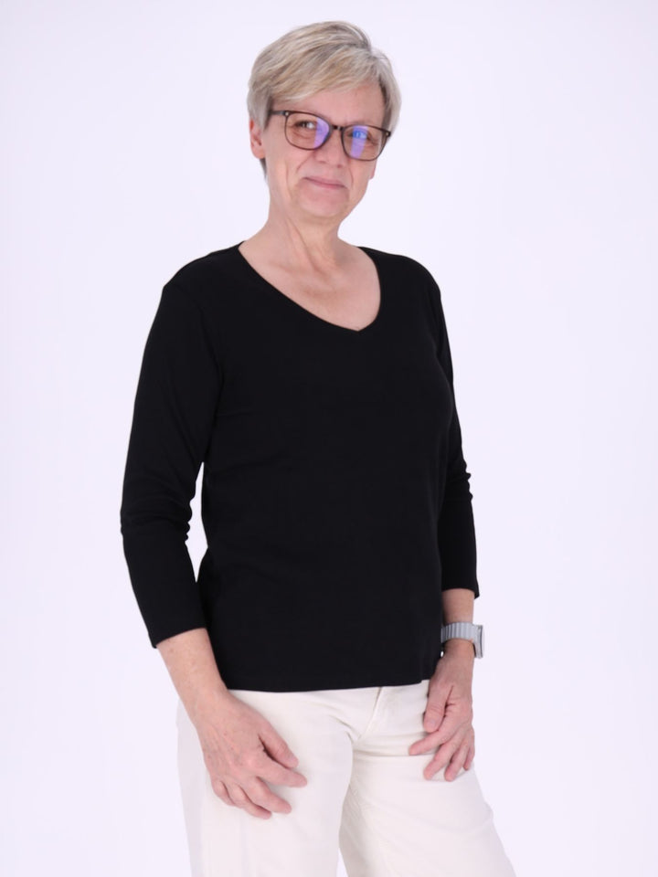 V-Ausschnitt Shirt Damen mit 3/4-Arm aus 100 % Baumwolle – Schwarz