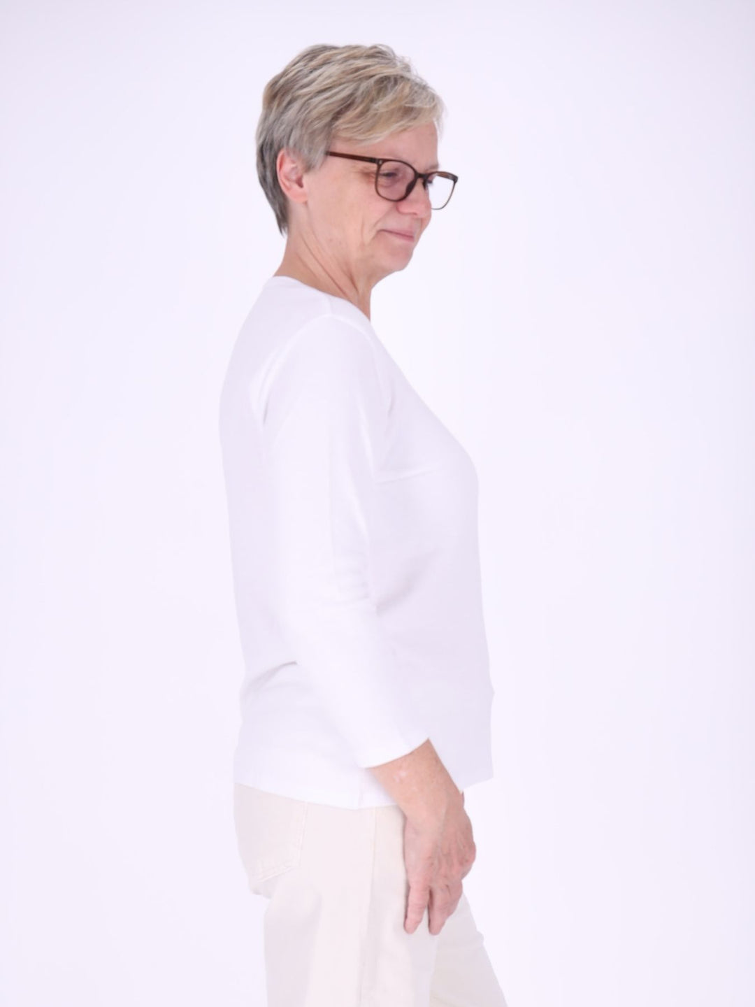 V-Ausschnitt Shirt Damen mit 3/4-Arm aus 100 % Baumwolle – Weiß