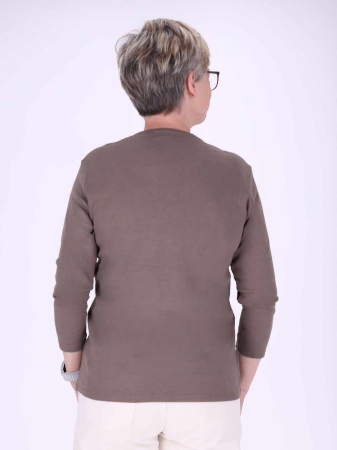 V-Ausschnitt Shirt Damen mit 3/4-Arm aus 100 % Baumwolle – Walnuss