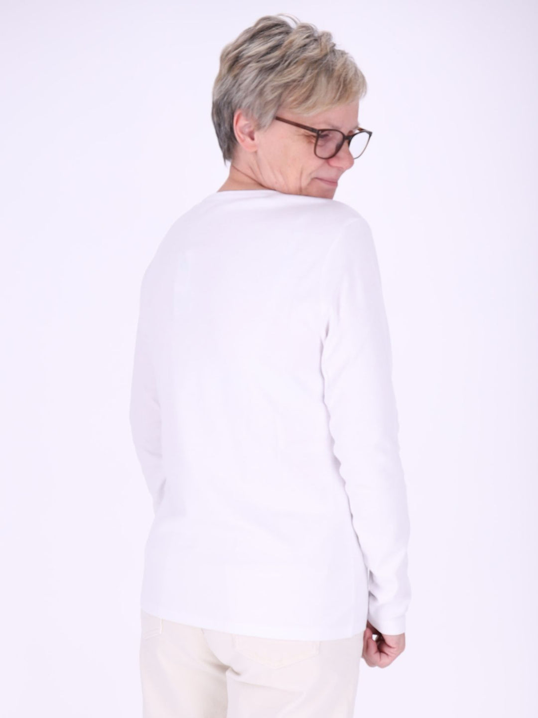 Rundhalsshirt Damen Langarm aus 100 % Baumwolle – Weiß