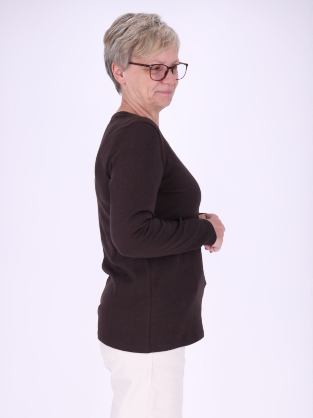 Rundhalsshirt Damen Langarm aus 100 % Baumwolle – Chocolate Torte Braun