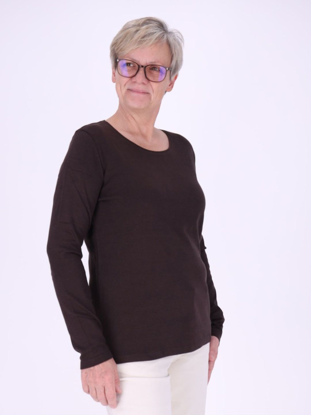 Rundhalsshirt Damen Langarm aus 100 % Baumwolle – Chocolate Torte Braun