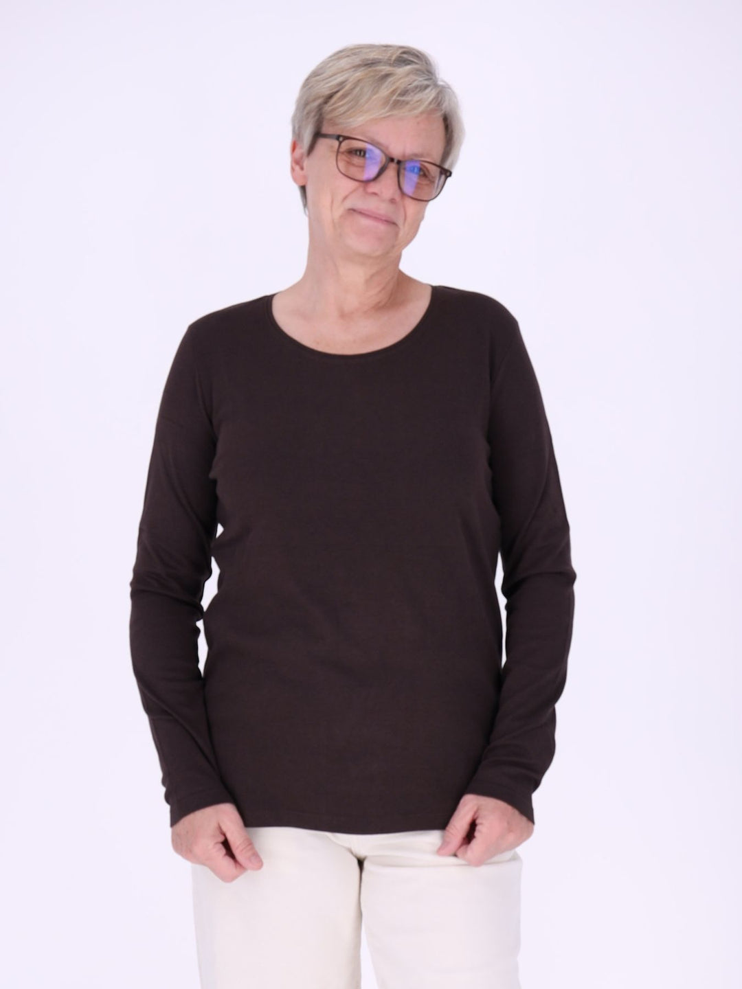 Rundhalsshirt Damen Langarm aus 100 % Baumwolle – Chocolate Torte Braun