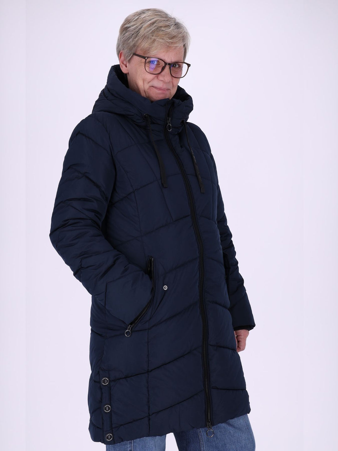 Damen Steppjacke mit Kapuze und Kontrast-Velvetfutter – Dunkelblau