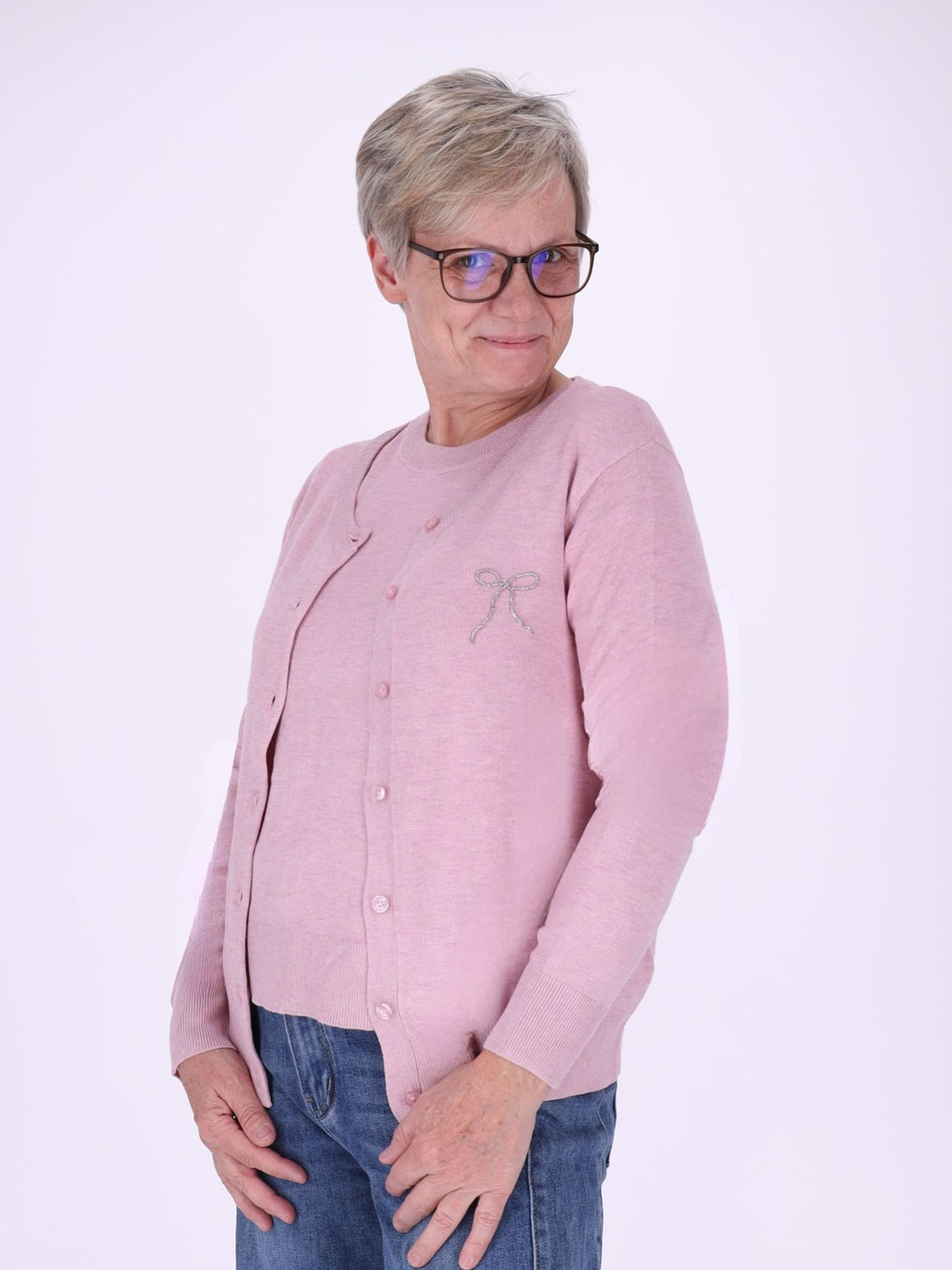 Damen Strickjacke mit Perlenstickerei – Femininer Chic in zartem Rosa