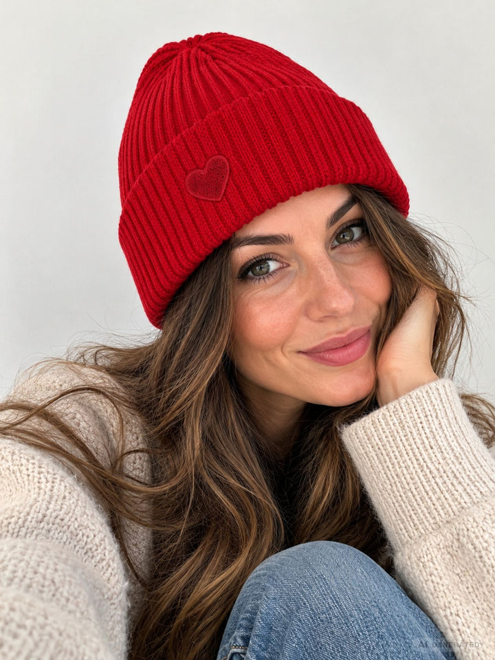 Strickmütze Damen mit Herz Ton-in-Ton – Rot