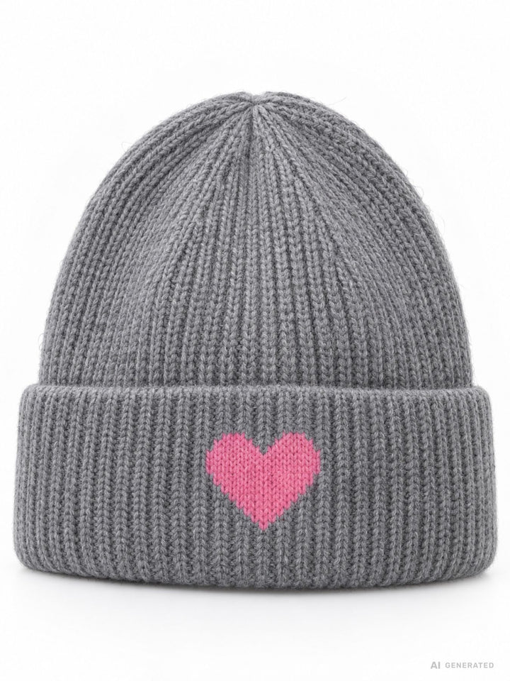 Damen Strickmütze Grau mit pinkem Herz – Kuschelig, modern & liebevoll
