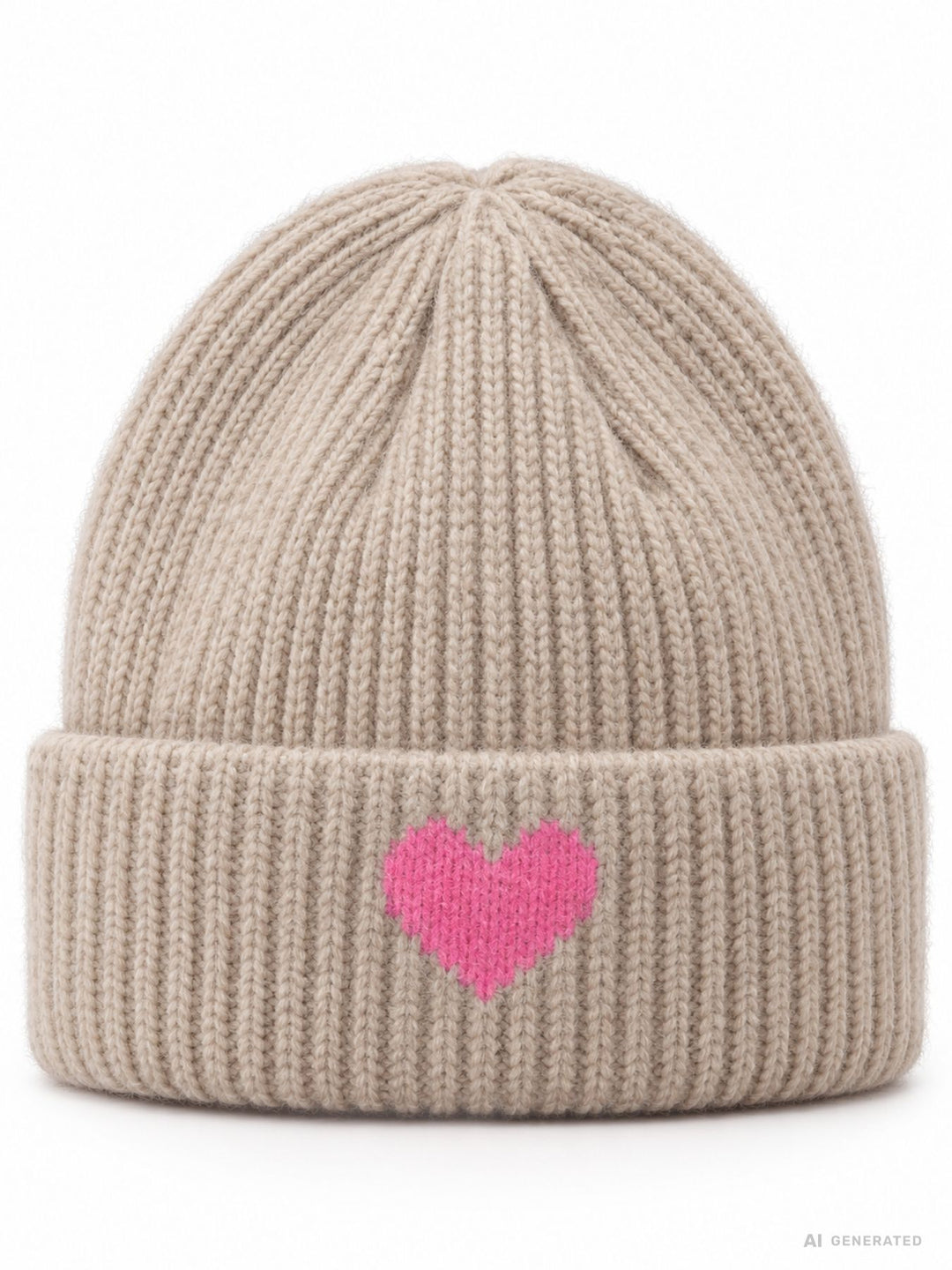 Damen Strickmütze Beige mit pinkem Herz – Kuschelig, modern & liebevoll